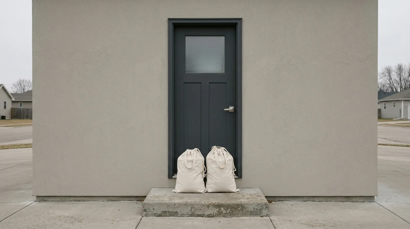 Two laundry bags waiting on a front step at a Henderson house