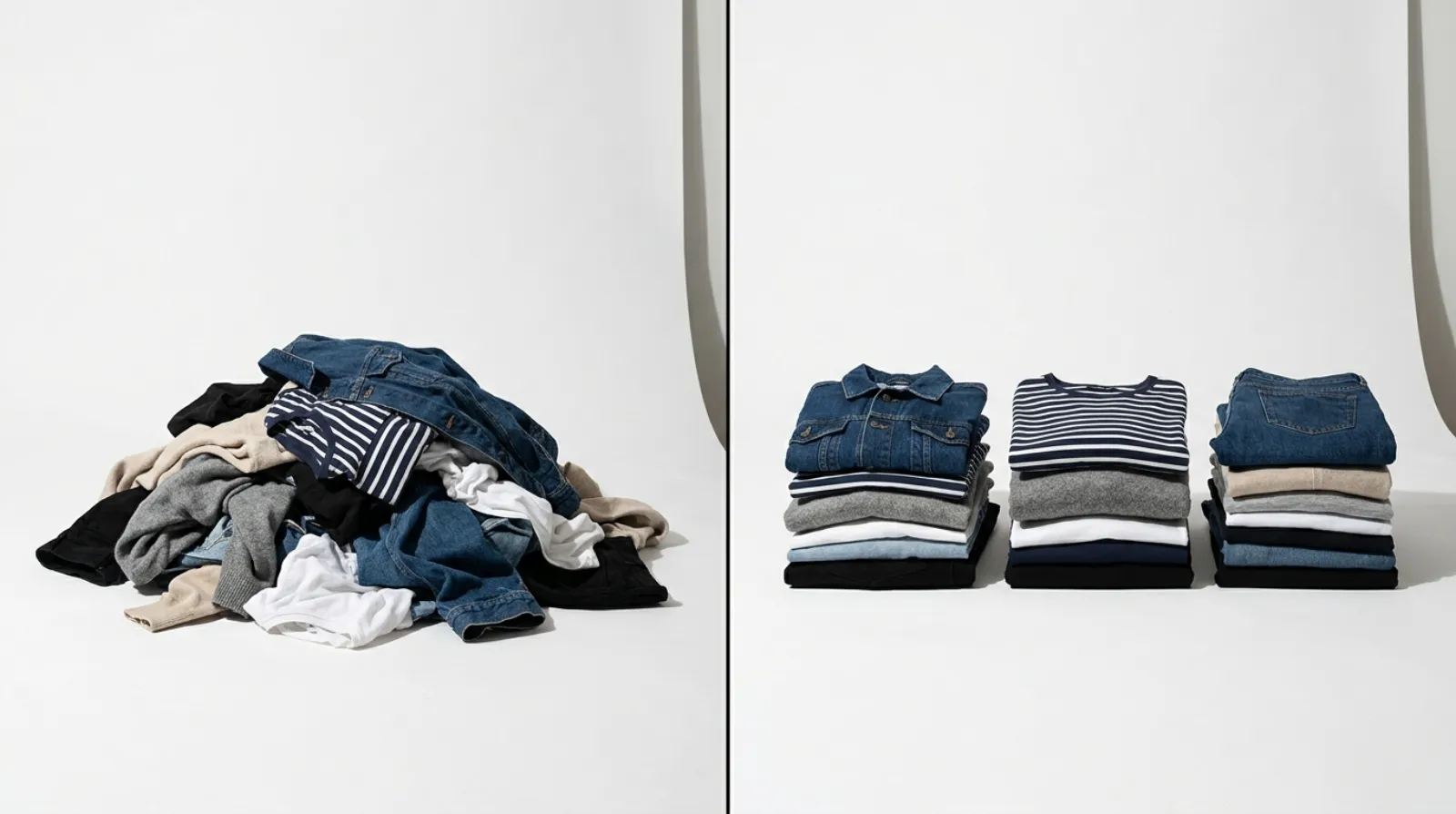 A pile of loose laundry beside the same laundry washed and folded in neat stacks